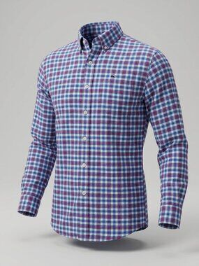 Vineyard Vines Boy's Whale Shirt Blue Red Gingham Check Flannel Button Down- M